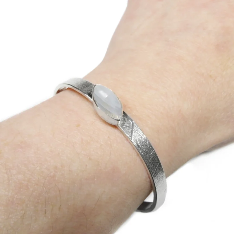 Sterling silver and 14 x 7mm Moonstone Bangle with leaf band